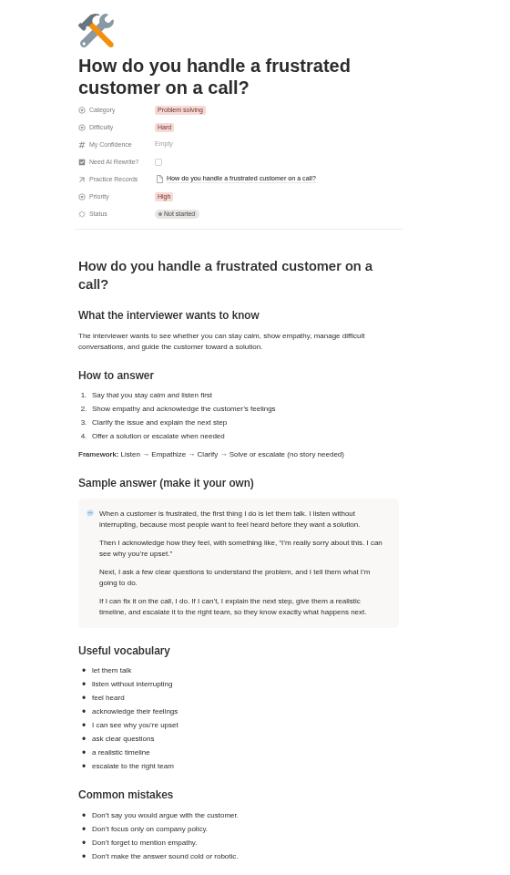 Sample question page for handling a frustrated customer